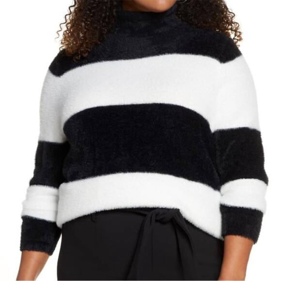 Halogen Black White Soft Fuzzy Turtleneck Pullover Sweater Sz M - Picture 1 of 12